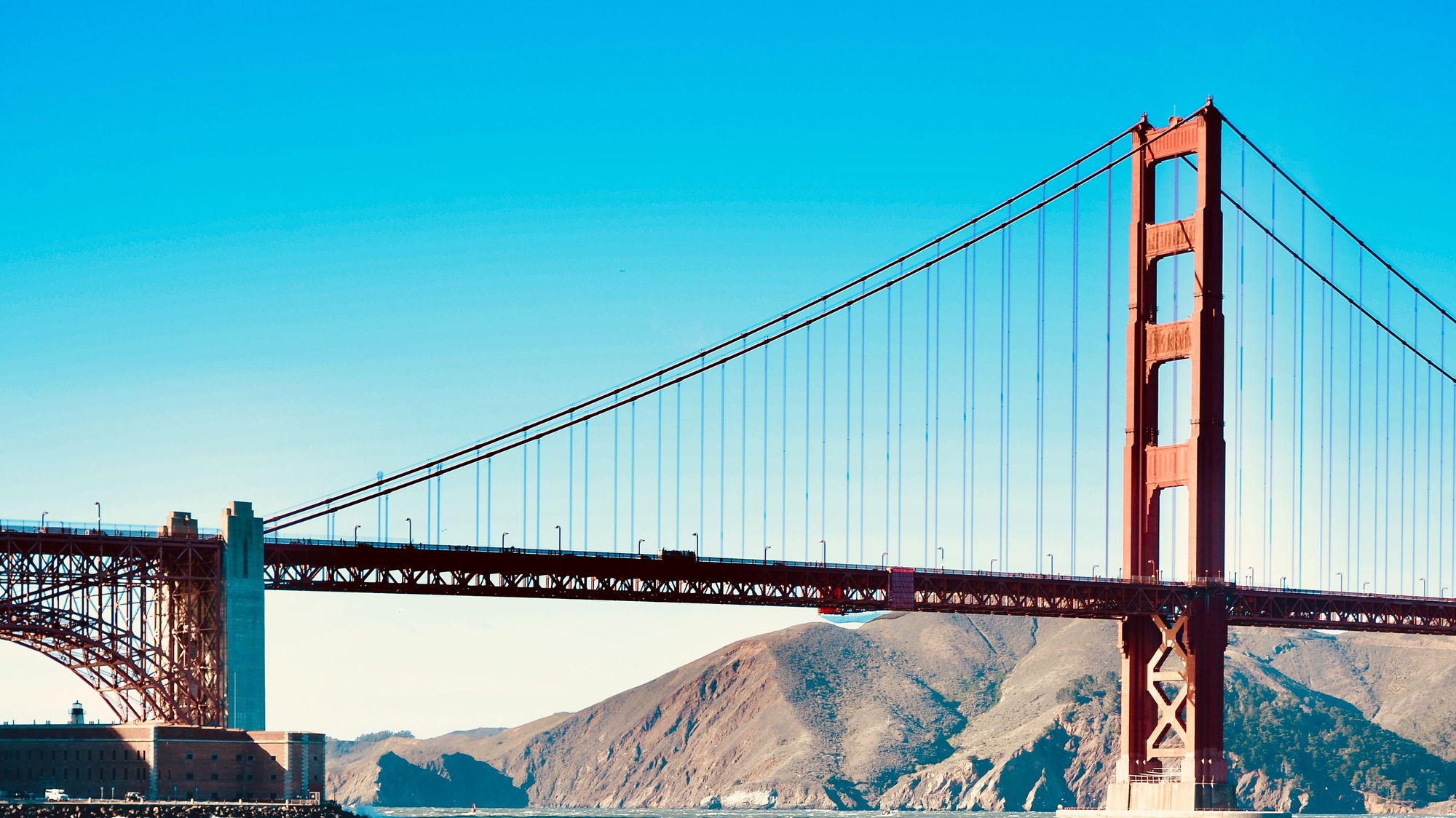The Golden Gate Bridge against a clear sky