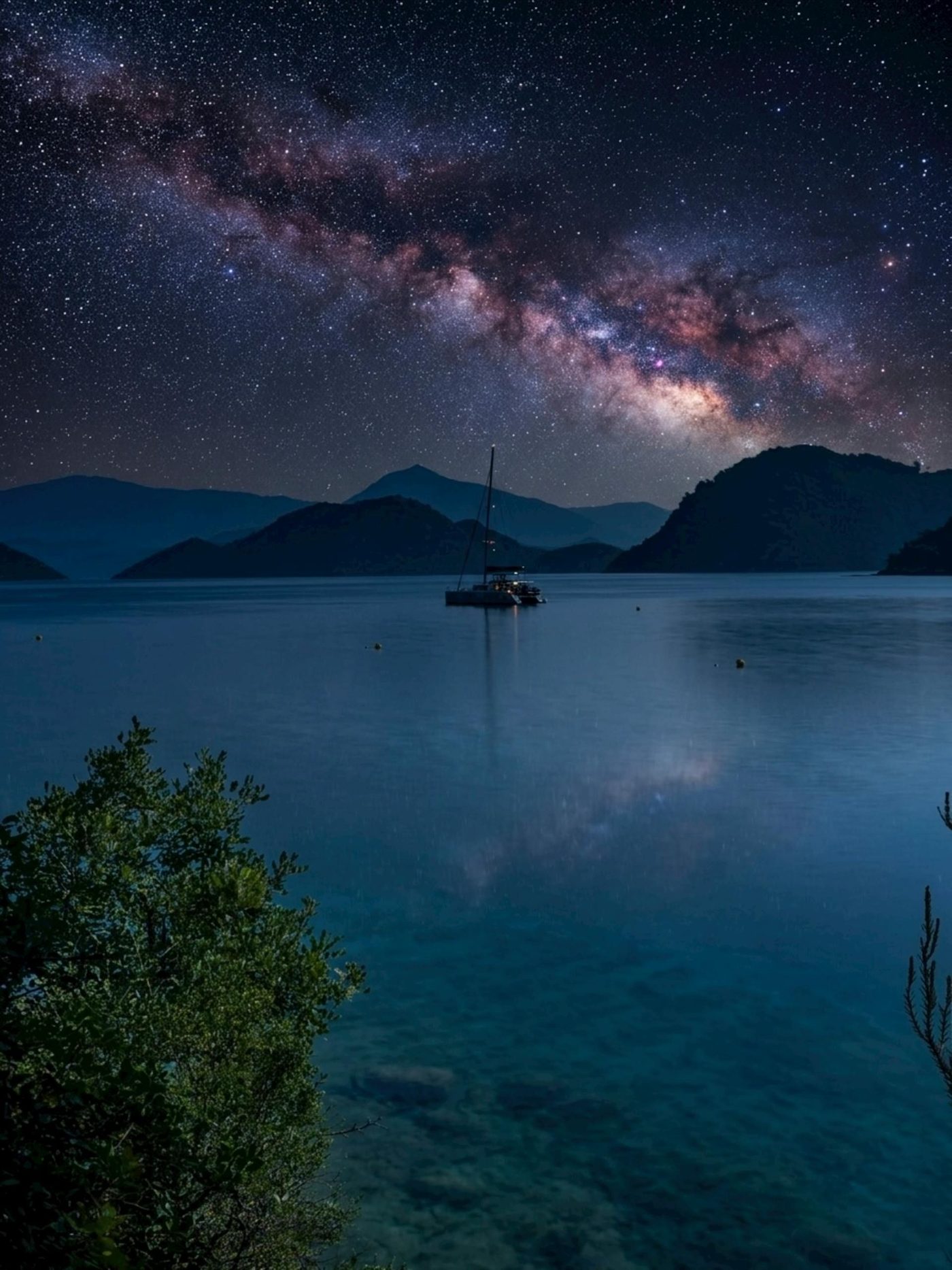 The Milky Way over a still anchorage, a single boat at anchor below dark hills